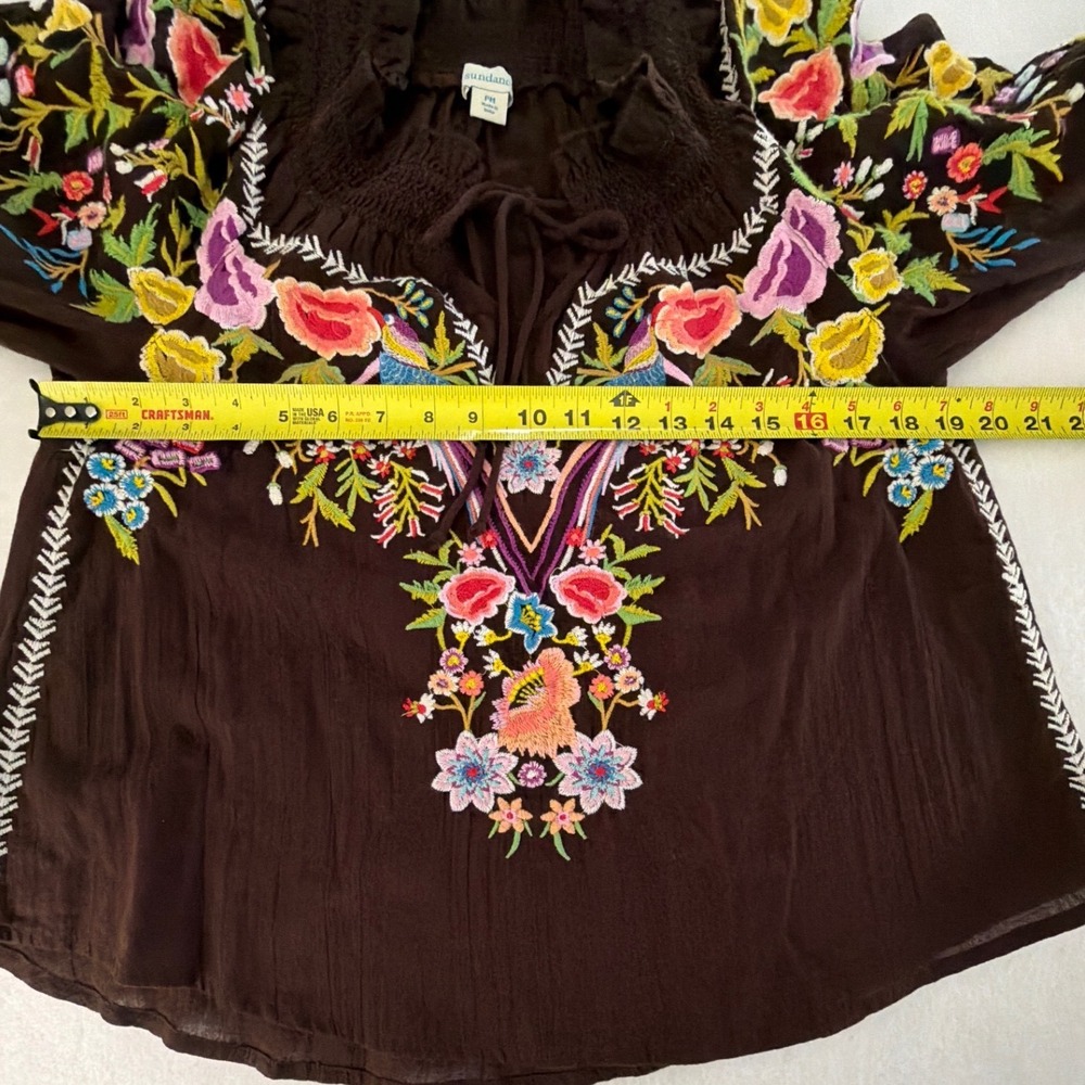Sundance Brown Embroidered Floral Bird Peasant Blouse Boho Top PM Womens - Picture 8 of 11